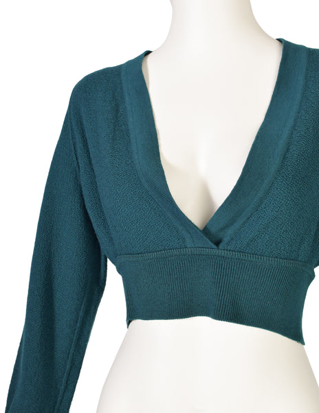Alaia Vintage Deep Teal Green Deep V Cropped Knit Wool Sweater