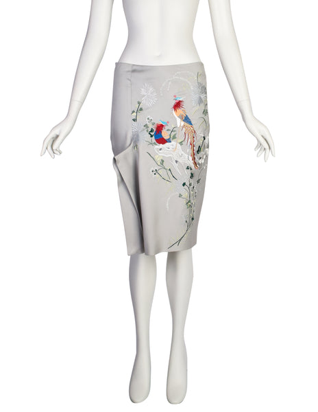 Alexander McQueen Vintage SS 2000 Grey Multicolor Embroidered Floral Bird Skirt