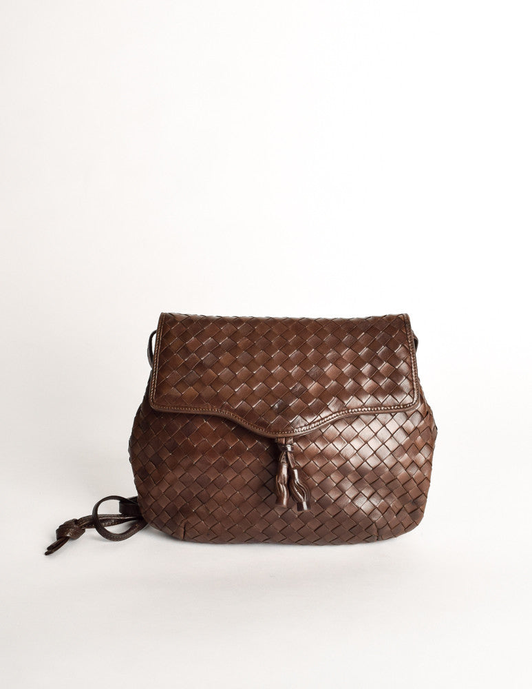 Bottega Veneta ブラウンレザーショルダーバッグ Bottega Veneta Vintage Intrecciato Brown Woven Leather Crossbody