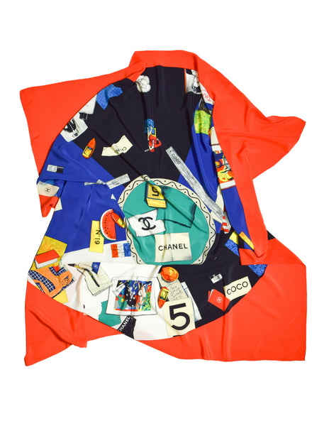 Chanel Vintage Artist Novelty Print Colorful Massive Oversized Silk Scarf
