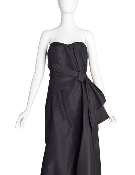 Carolina Herrera Vintage Black Silk Faille Gathered Knot Evening Gown