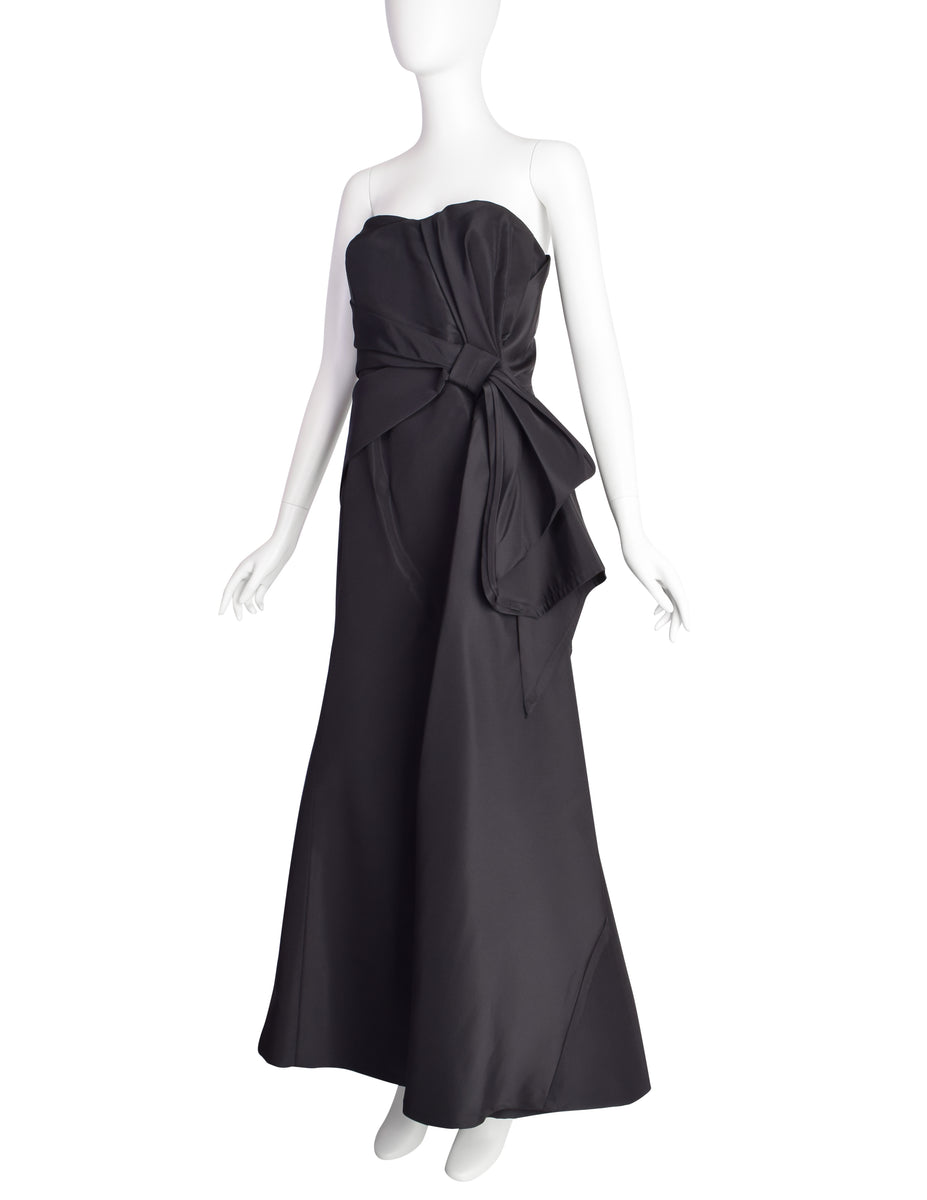 Carolina Herrera Vintage Black Silk Faille Gathered Knot Evening Gown