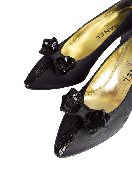 Chanel Vintage 1980s Black Satin Sequin Bow Pump Heels