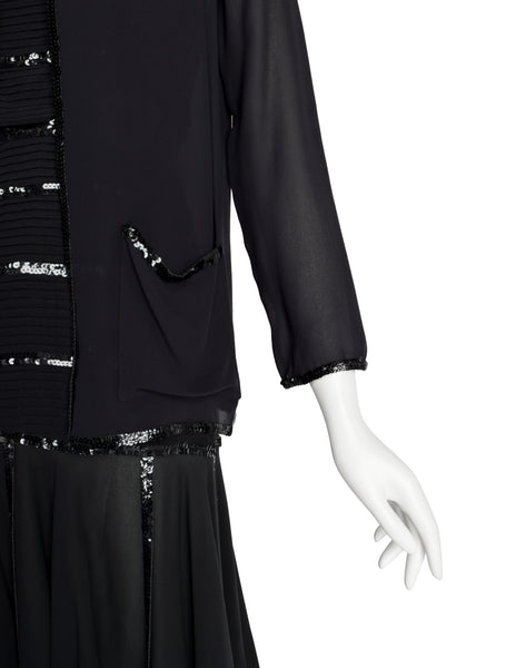 Chanel Vintage Rare Black Pleated Silk Sequin Dress and Jacket Ensemble Set