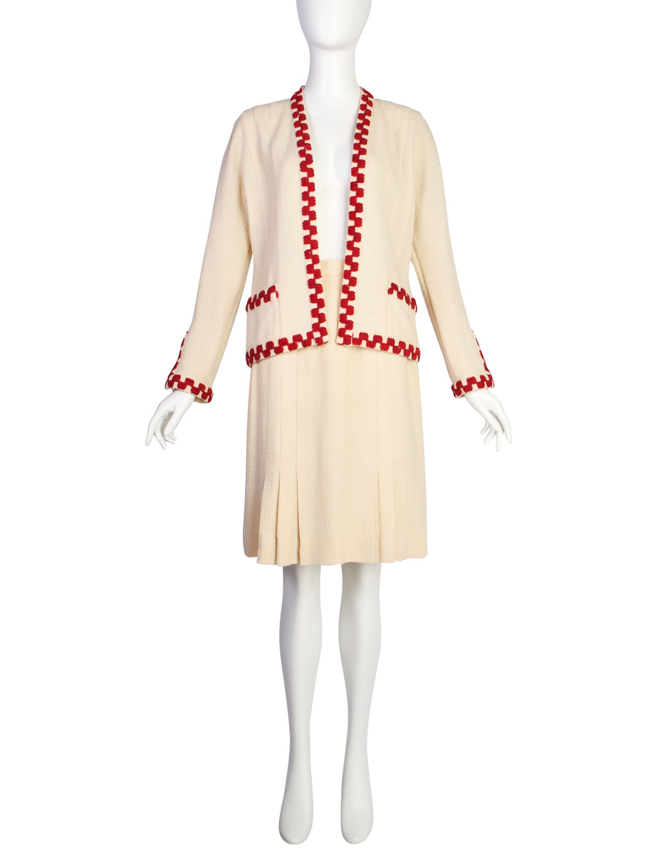 Chanel Vintage SS 1987 Cream Wool Tweed Red Embroidered Jacket and