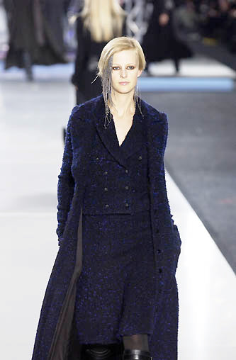 Chanel Vintage AW 2002 Runway Black Blue Wool Boucle Owl Button Two Piece Jacket Skirt Suit