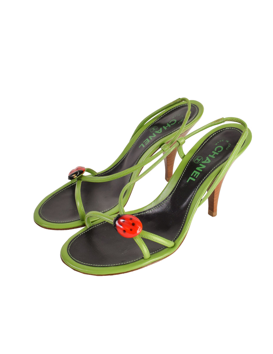 Chanel Vintage Ladybug Adorned Green Leather Strappy Slingback