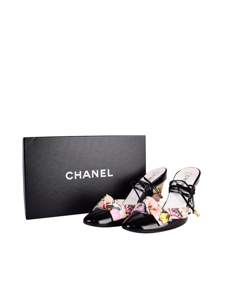Chanel Vintage Cruise 2004 Pink Ice Cream Print Black Patent Leather Ankle Wrap Bow Heels