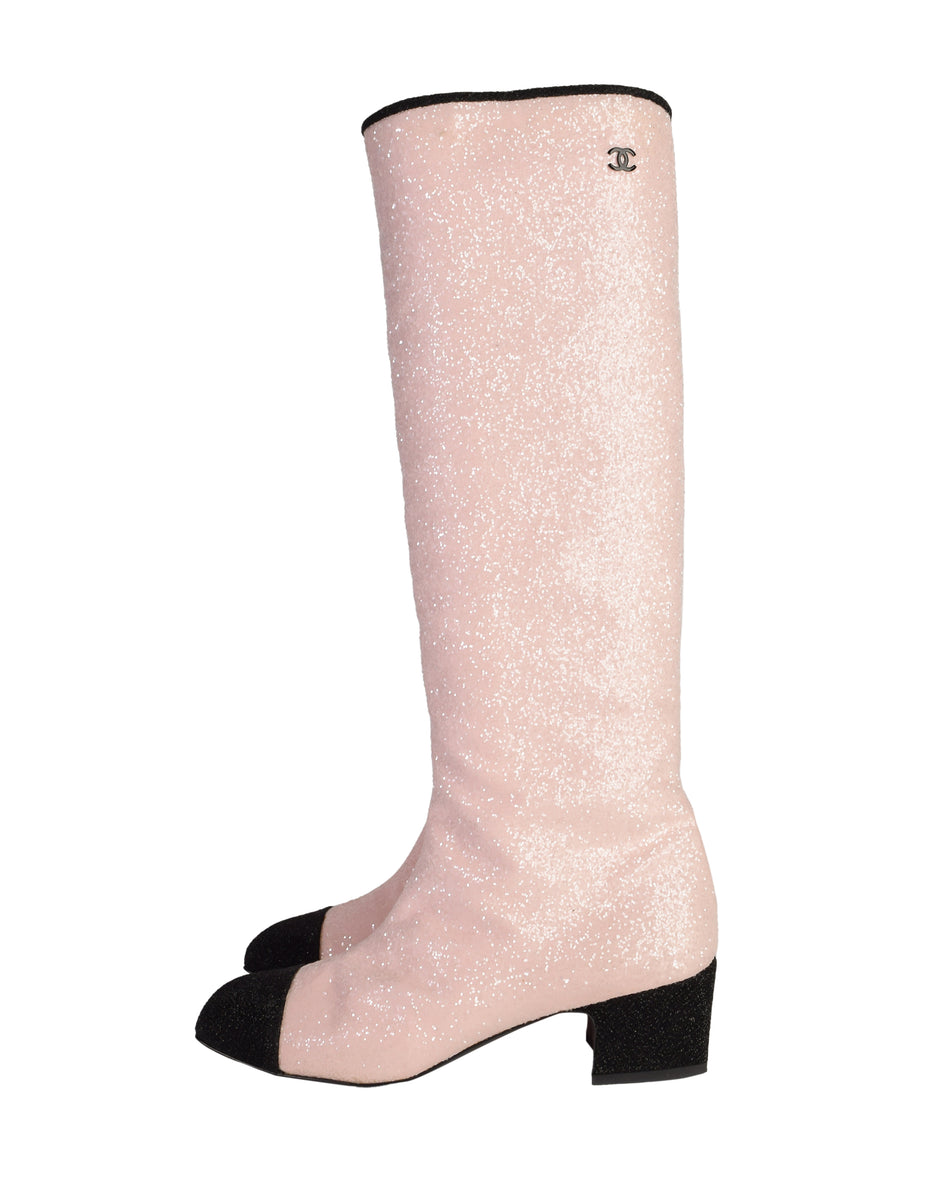 Chanel AW 2017 Light Pink and Black Glitter Knee High Boots Amarcord