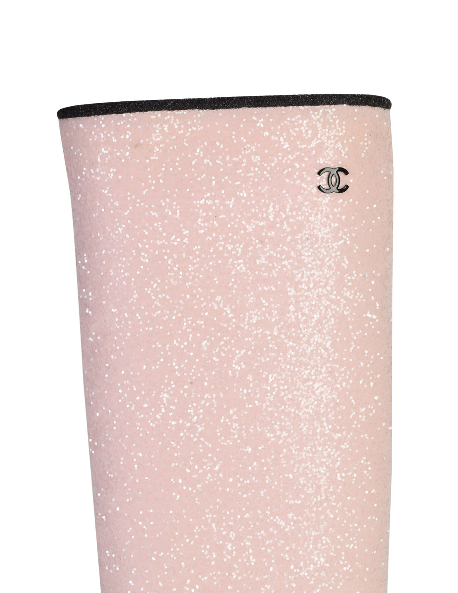 Chanel AW 2017 Light Pink and Black Glitter Knee High Boots Amarcord