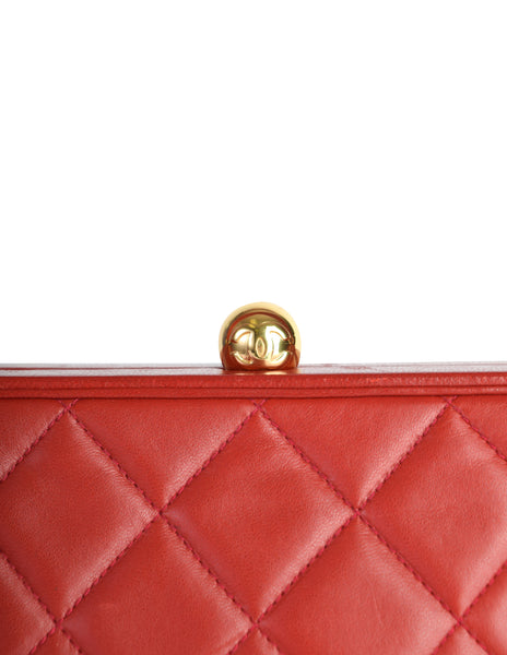 Chanel Vintage Quilted Matelasse Red Lambskin Leather Structured Top Handle Bag