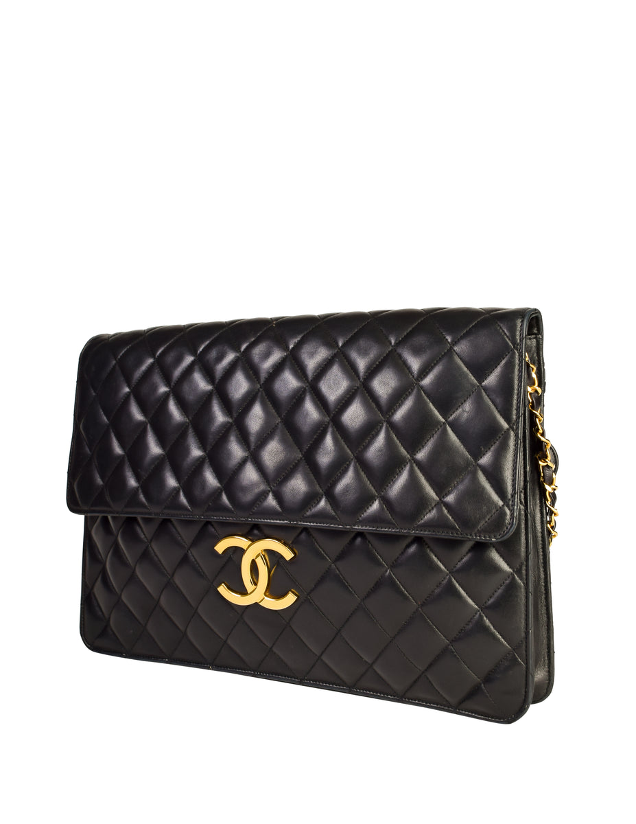 Vintage Chanel 9 Black Quilted Leather Shoulder Classic Flap Bag Exce