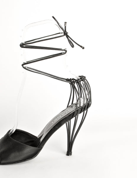 Chanel Vintage Black Satin Strappy Cage Heels