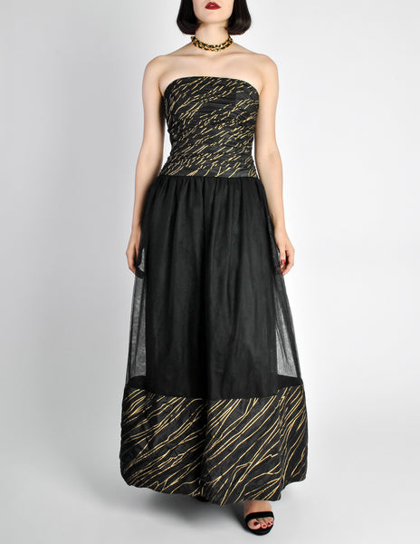 Chanel Vintage AW 1986 Black & Gold Silk Taffeta & Tulle Evening Gown