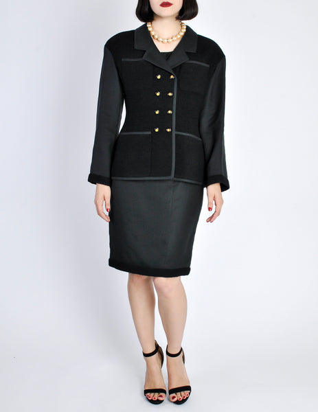 Chanel Vintage Spring 1994 Black Boucle Wool & Linen Two-Piece Jacket and Skirt Suit