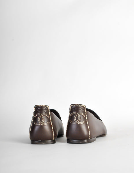 Chanel Vintage CC Logo Brown Leather Loafers