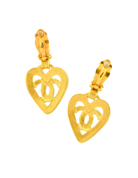 Chanel Vintage Brushed Gold CC Logo Heart Earrings