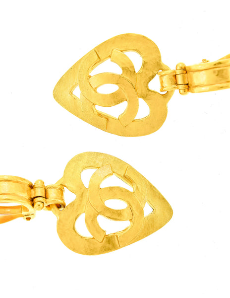 Chanel Vintage Brushed Gold CC Logo Heart Earrings