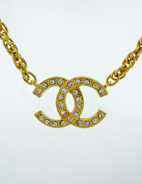 Chanel Vintage Gold Rhinestone CC Logo Necklace