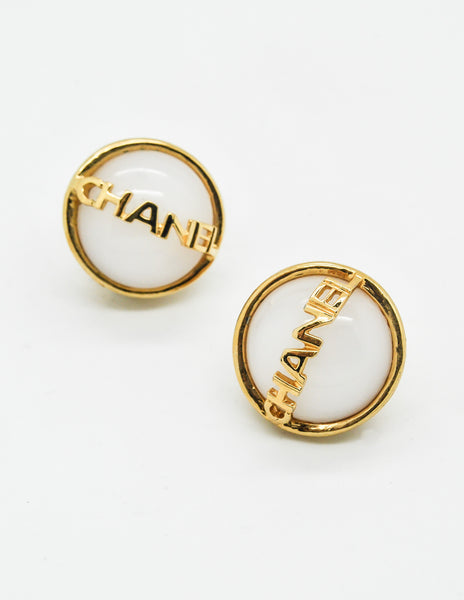 Chanel Vintage Signature White Glass Earrings