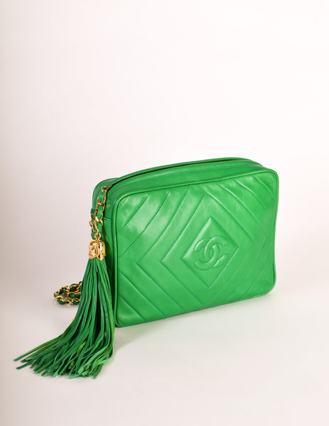Chanel Vintage Kelly Green Lambskin CC Logo Tassel Shoulder Camera Bag