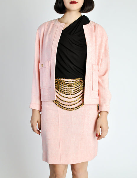 Chanel Vintage Pink Nubby Linen Tweed Two-Piece Jacket and Skirt Suit