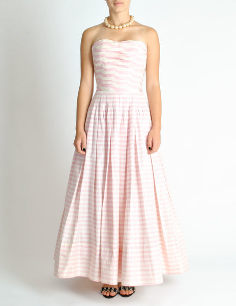 Chanel Vintage Pink & White Striped Raw Silk Shantung Pleated Bodice Gown Dress