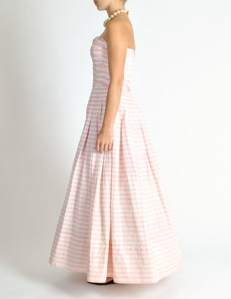 Chanel Vintage Pink & White Striped Raw Silk Shantung Pleated Bodice Gown Dress
