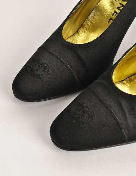 Chanel Vintage Black Satin CC Logo Heels