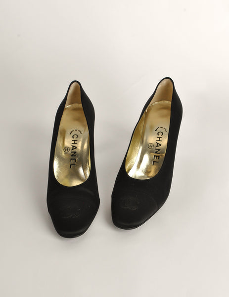 Chanel Vintage Black Satin CC Logo Heels