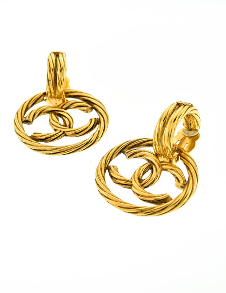 Chanel Vintage Gold Twisted CC Logo Dangle Earrings