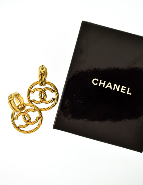 Chanel Vintage Gold Twisted CC Logo Dangle Earrings