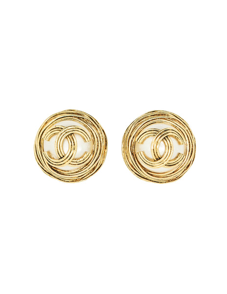 Chanel Vintage Gold Pearl CC Logo Birds Nest Earrings
