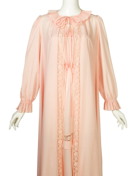 Chloe Vintage 1970s Baby Pink Slip Dress and Duster Robe Peignoir Ensemble Set