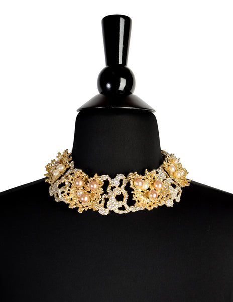 Christian Dior Vintage 1968 Gold Coral Strass Rhinestone Pearl Encrusted Choker Necklace