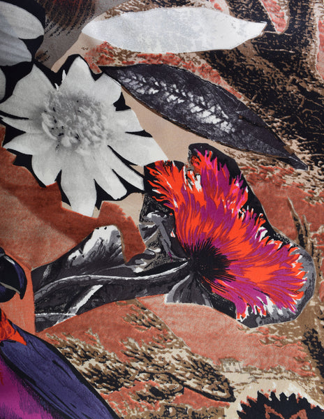 Christian Lacroix Vintage Multicolor Floral Bird Collage Print Oversized Silk Scarf