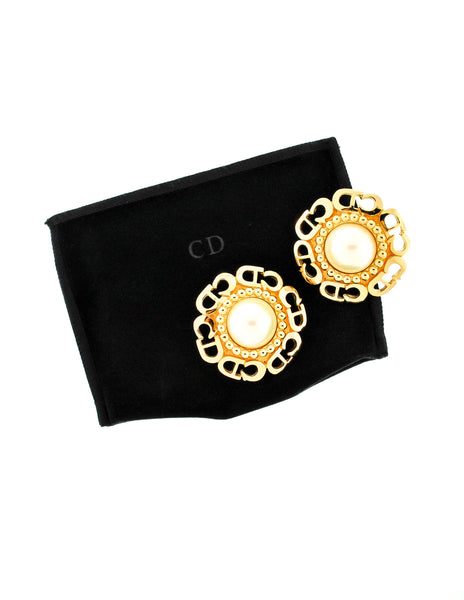 Christian Dior Vintage Huge CD Logo Pearl Earrings