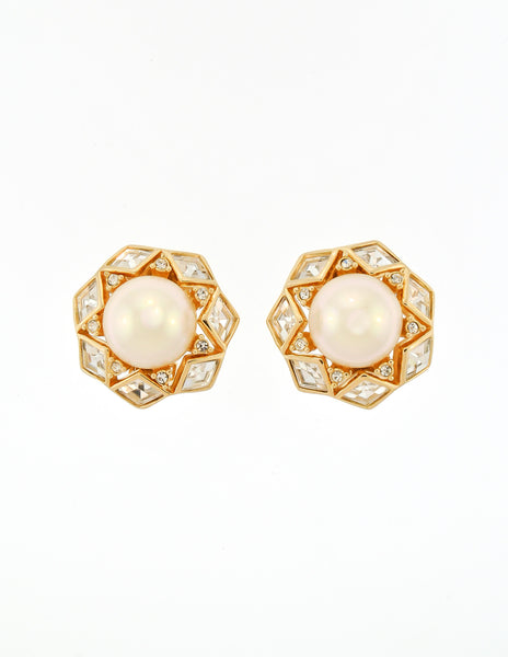 Christian Dior Vintage Gold Rhinestone Pearl Earrings