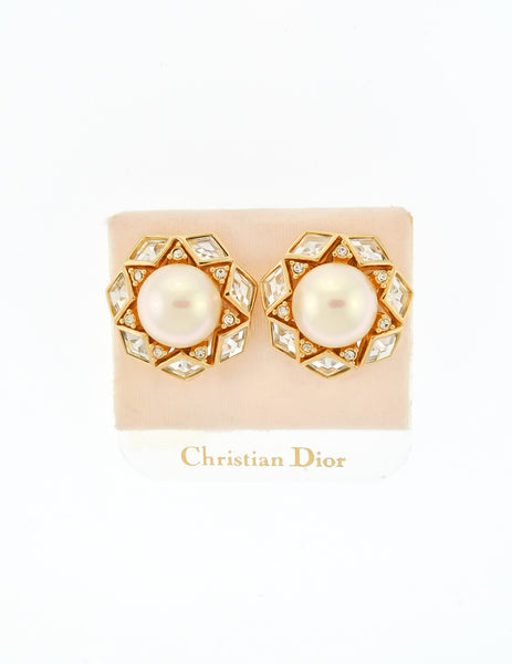 Christian Dior Vintage Gold Rhinestone Pearl Earrings