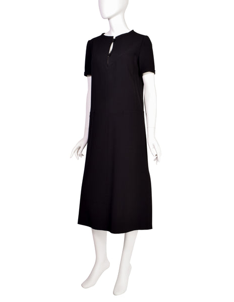 Courreges Vintage 1980s Black Herringbone Wool Dress
