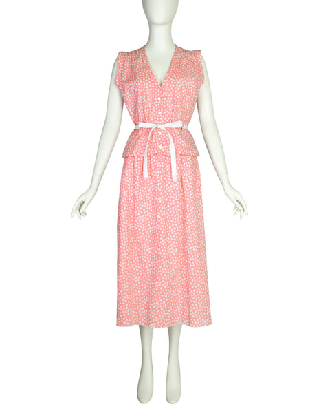 Courreges Vintage Pink and White Star Print Button Up Top and Skirt Ensemble Set