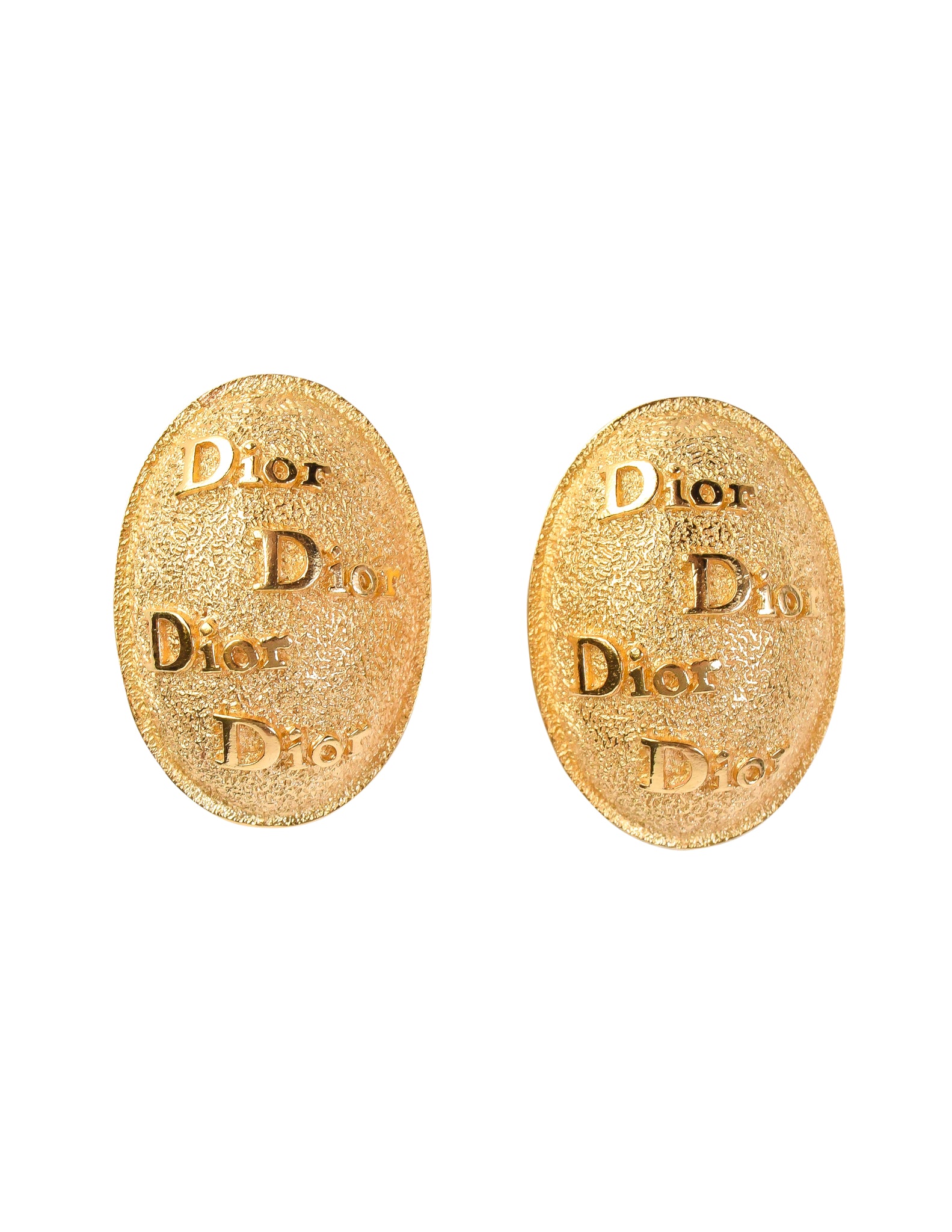 Christian Dior Vintage Logo Namesake Golden Textured Oversized Earrings