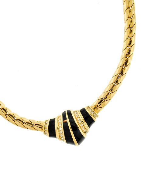 Christian Dior Vintage Black Enamel Rhinestone Gold Necklace
