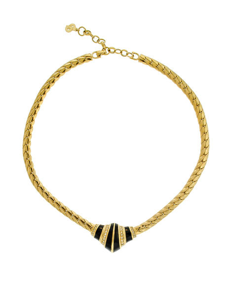 Christian Dior Vintage Black Enamel Rhinestone Gold Necklace