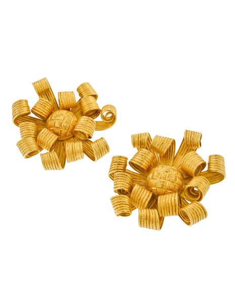 Dominique Aurientis Vintage Gold Curled Ribbon Bow Chrysanthemum Massive Oversized Earrings