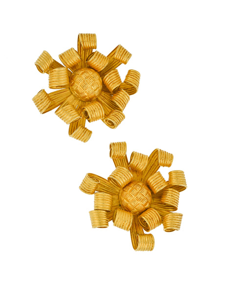 Dominique Aurientis Vintage Gold Curled Ribbon Bow Chrysanthemum Massive Oversized Earrings