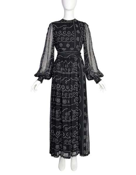 Donald Brooks Vintage Black White Dot Print Chiffon Bishop Sleeve Gown Dress