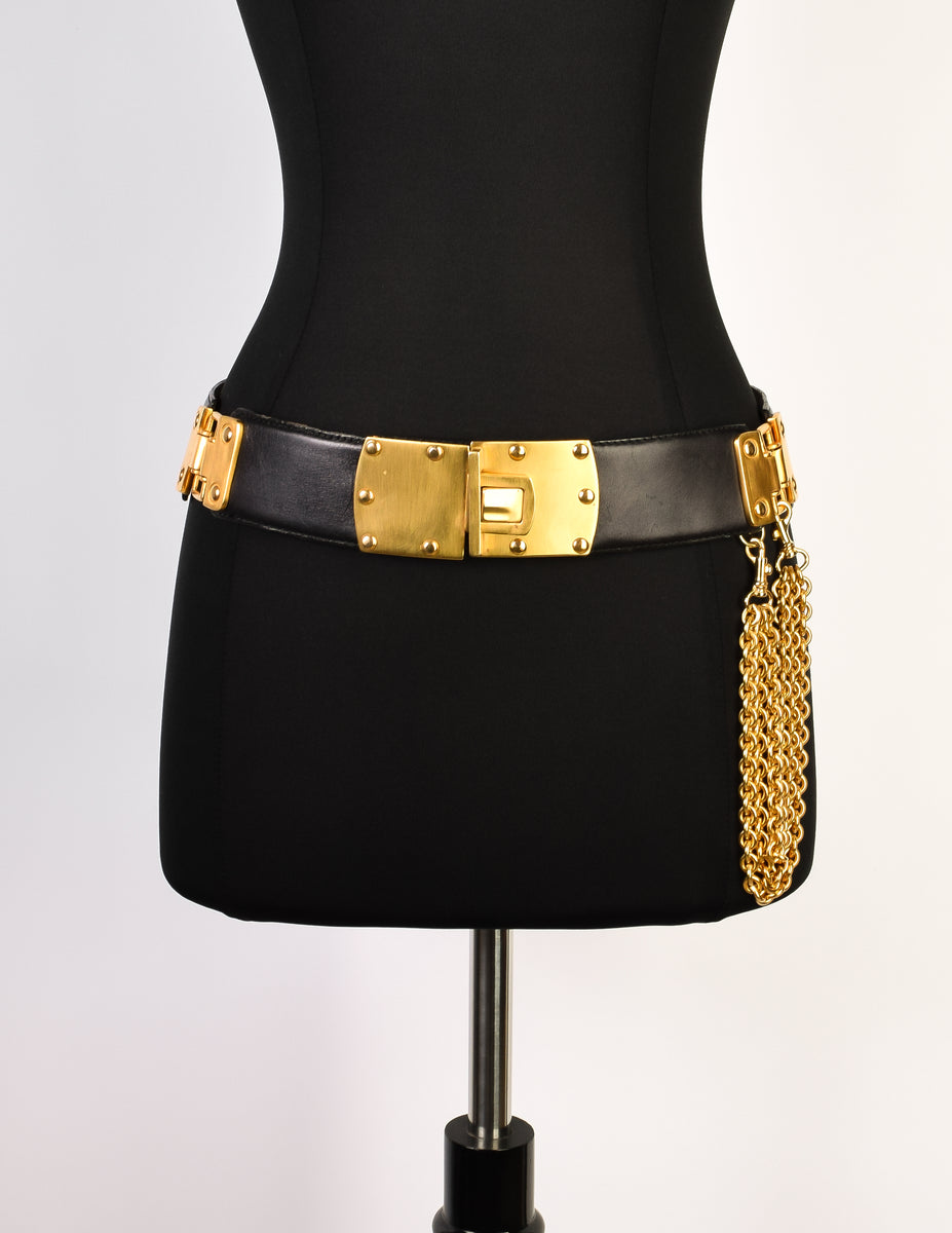 Donna Karan Vintage Black Leather Gold Plaque Chain Belt  display picture 2
