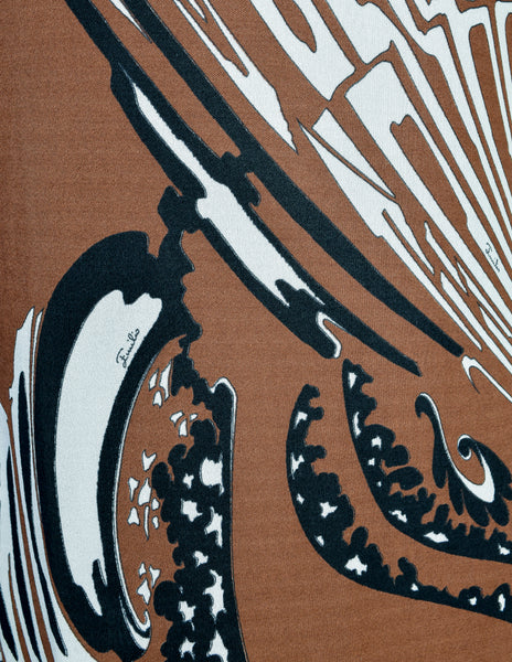 Emilio Pucci Vintage 1960s Brown Black Psychedelic Floral Print Silk Jersey Column Dress