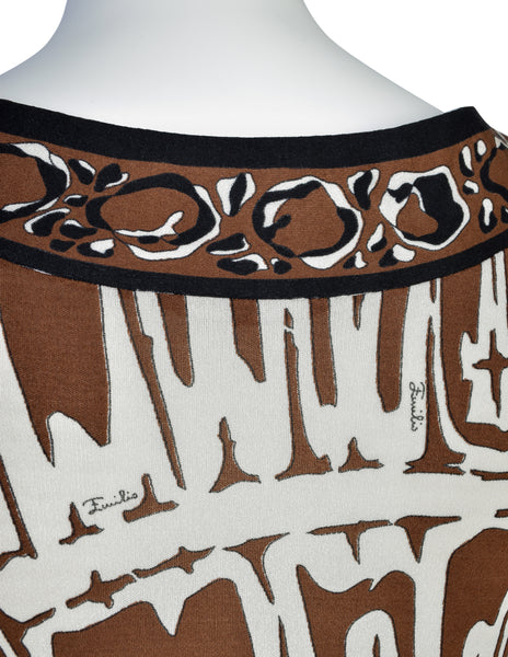 Emilio Pucci Vintage 1960s Brown Black Psychedelic Floral Print Silk Jersey Column Dress